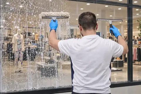 Profesional de Innovalimp realizando limpieza de cristales en Madrid